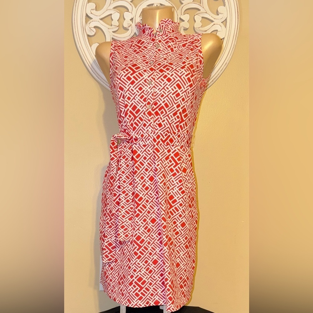 J McLaughlin womens small 4 6 dress knee red white mock stretch casual business